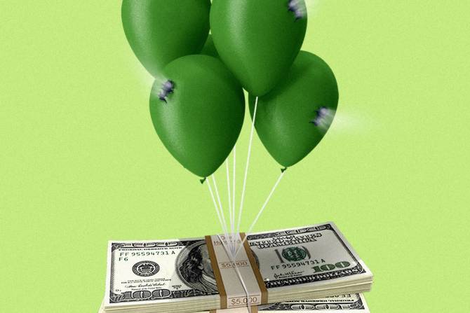 Balloons deflating with stacks of money tied to the bottom of the strings
