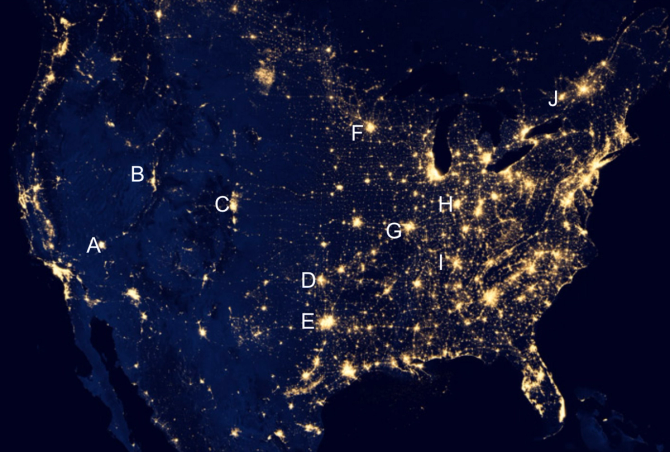 Satellite picture of North America at night