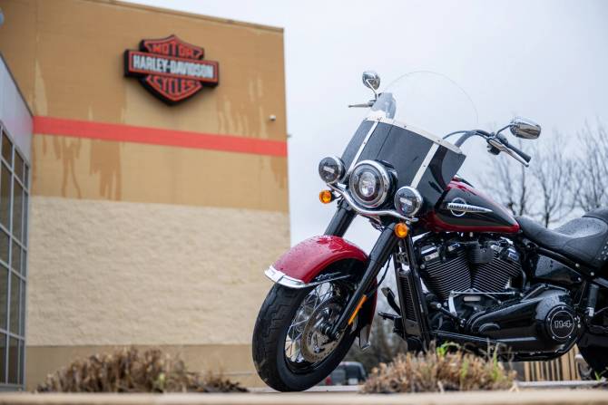 A Harley-Davidson motorcycle parked at a dealership. 