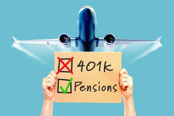 Graphic of a worker wanting pensions instead of a 401(k)