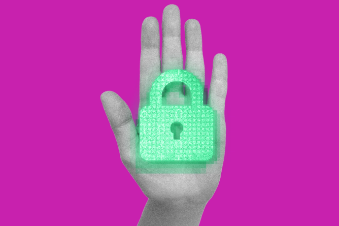 A hand with a digital security padlock in it's palm depicting data loss prevention