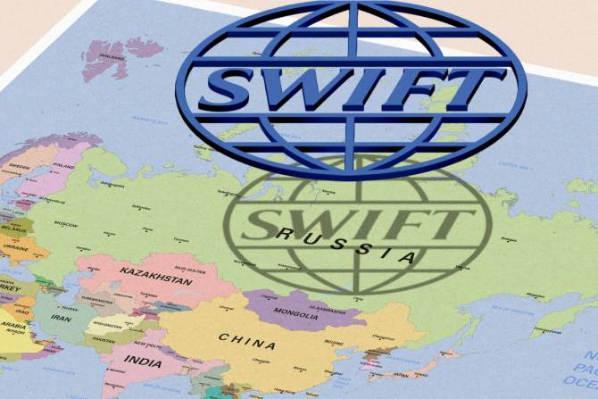 The SWIFT logo with a shadow over Russia