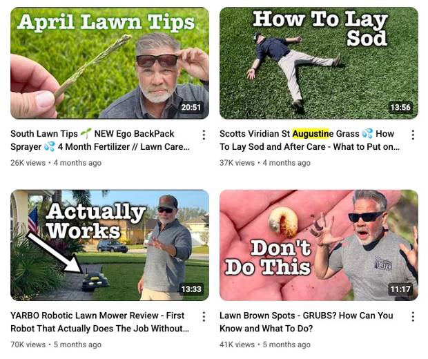 Screenshot of Lawn Care Nut's YouTube page.