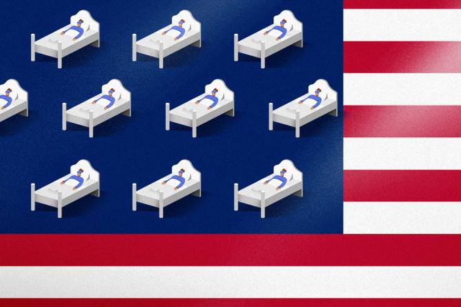 Graphic of an American flag with people sleeping instead of stars