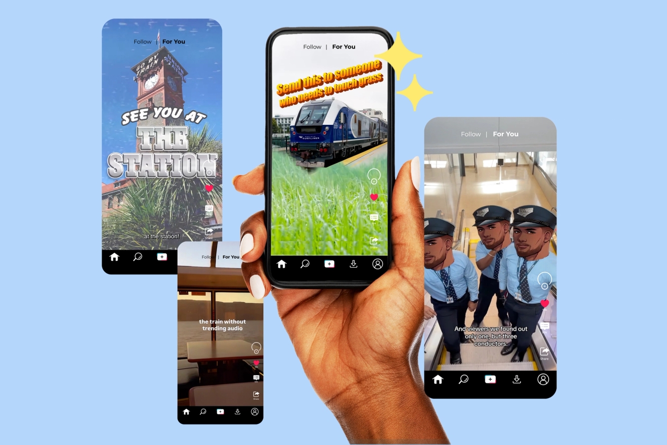 stills from Amtrak's social media posts, including an anime-style conductor and a video to send to "someone who needs to touch grass," on a collage of mobile phone screens