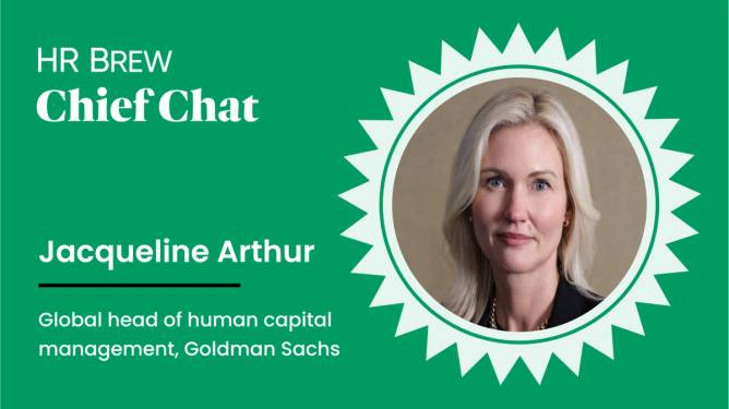 Illustrated image with a picture of Goldman Sachs's head of HR, Jacqueline Arthur, against a green background.