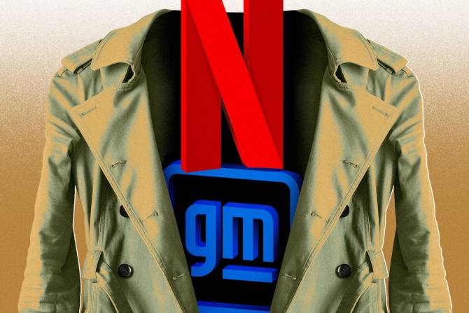 the Netflix logo on top of the GM logo in a trench coat 