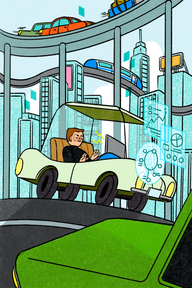 A passenger riding in a self-driving car in a futuristic city