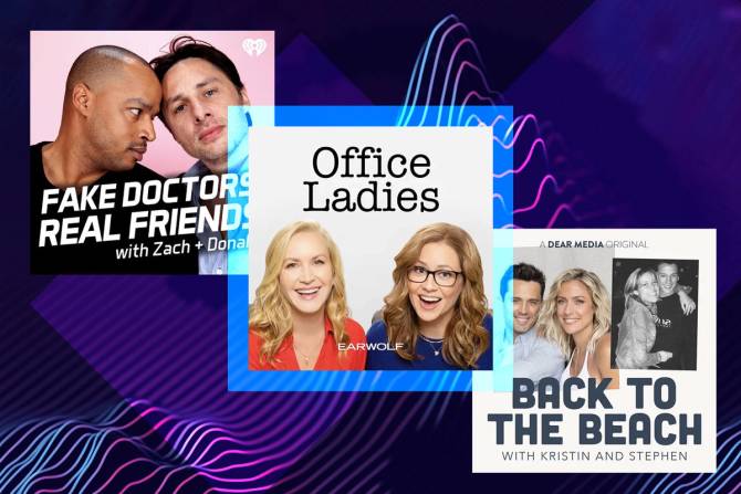 cover art for 'Fake Doctors, Real Friends,' 'Office Ladies' and 'Back to the Beach' rewatch podcasts