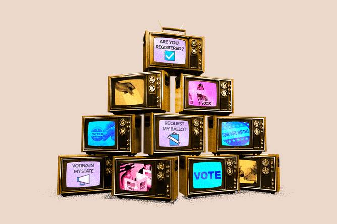 Retro tv boxes with voting images displayed on the screens.