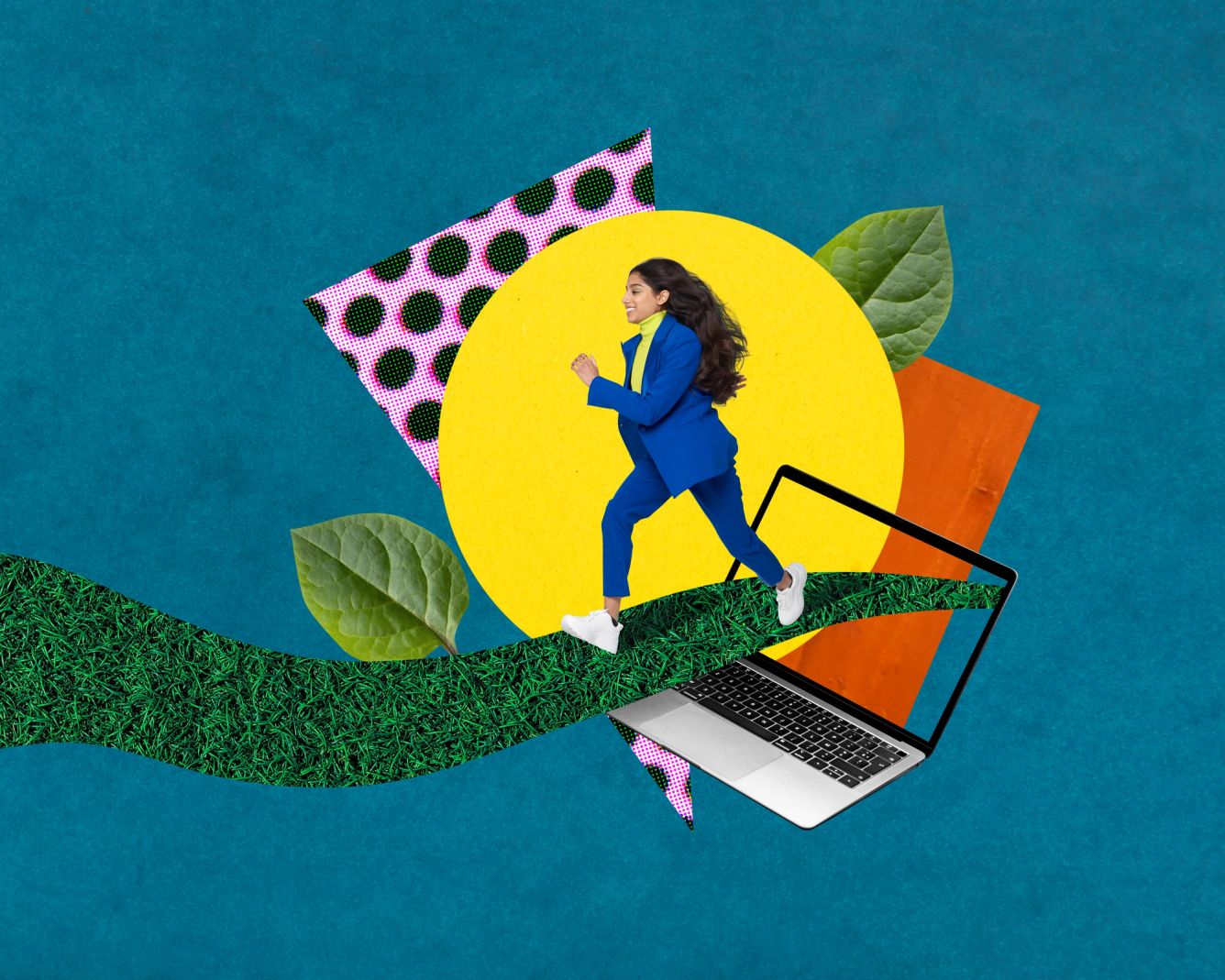 Image of a member of Gen Z in a suit running away from a laptop.