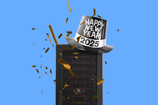 An IT server rack with a New Year's hat on top of it with confetti