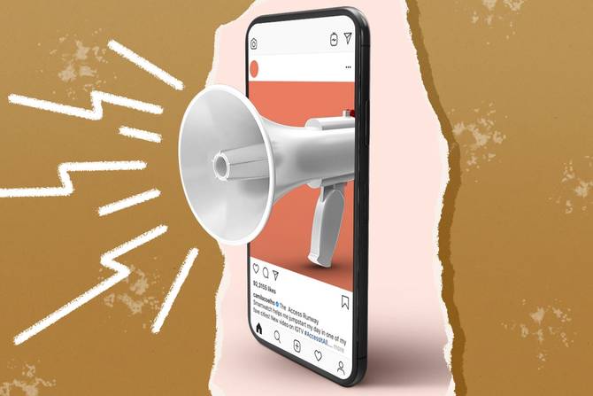 a photo of a megaphone bursting out of a phone screen that has Instagram open