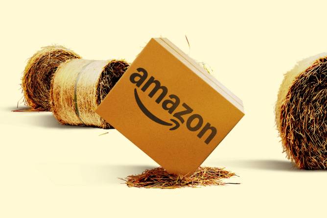 Illustration of an Amazon box as if it were a tumbleweed