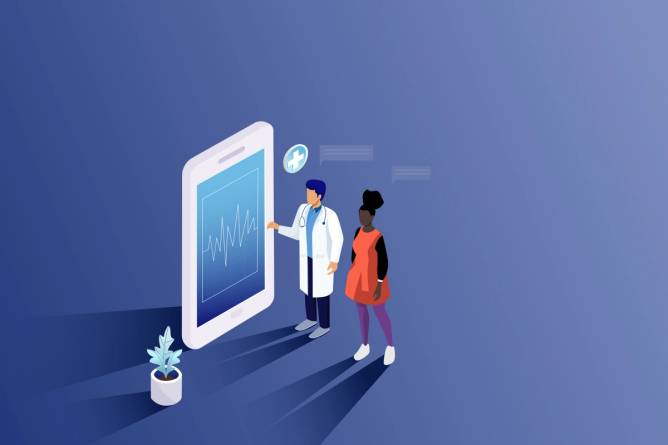 Health care illustration concept shows a doctor showing the medical results to the patient woman on the blue background.