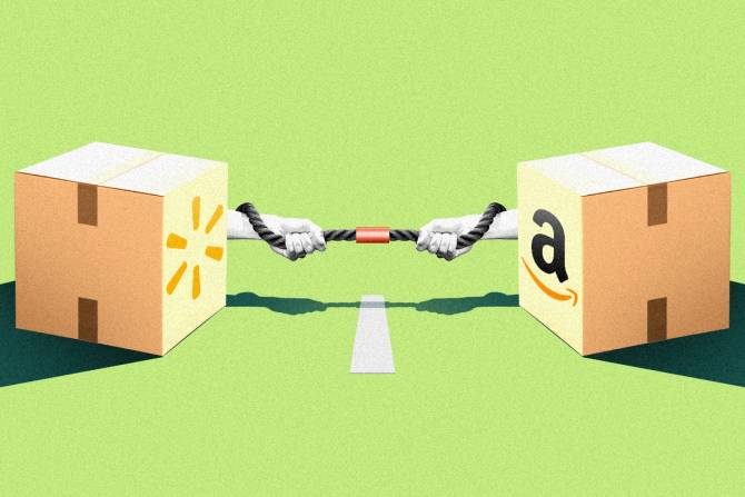 Amazon and Walmart boxes having a tug o' war