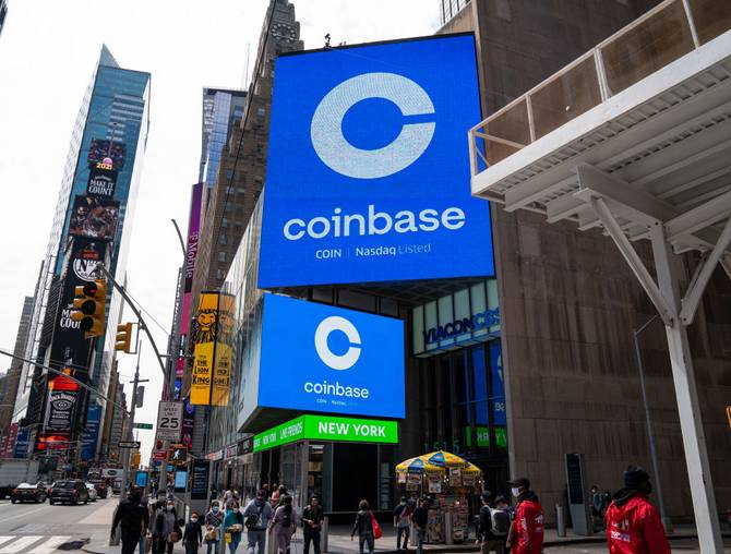 A Coinbase sign in Times Square 