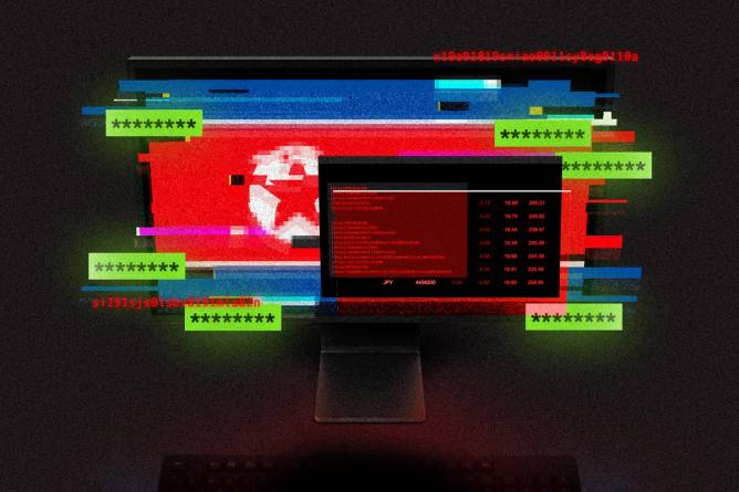 Hacked computer screen with a glitched North Korean flag and crypto elements