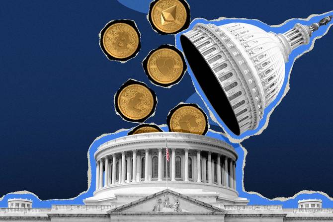 Digital tokens falling into the Capitol building 
