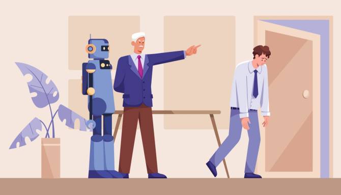 A worker is shown the door while a robot stands in his place.