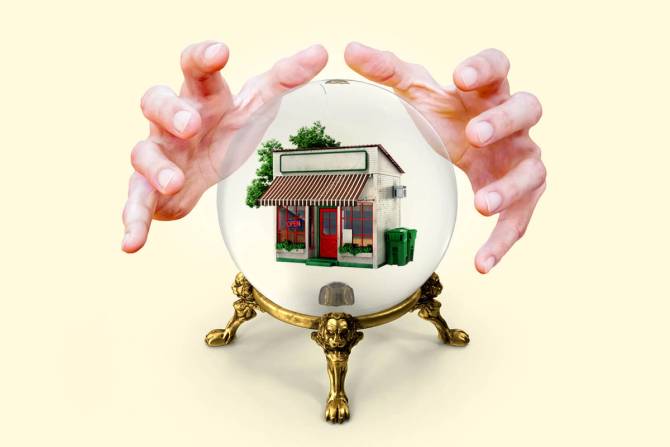 A crystal ball with a storefront inside