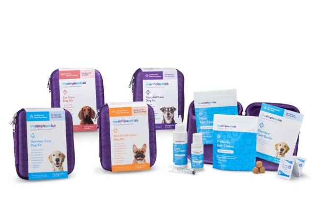An array of MySimplePetLab kits for dog ailments. 