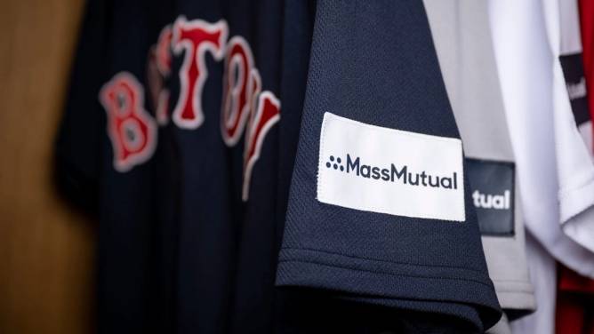 the "MassMutual" logo on a Boston Red Sox jersey