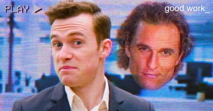 Man with unsure face in a business suit next to Matthew McConaughey's face with good work_ logo and VHS effect