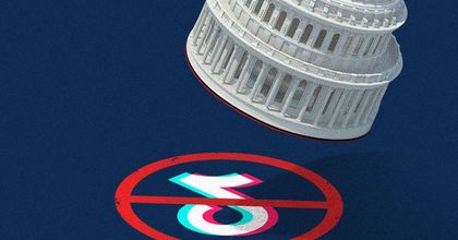 2D illustration of the US capital building used as a stamp to put a red No circle over the TikTok logo