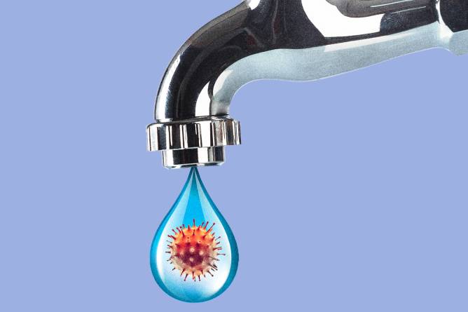 Close-up of a faucet with a large water drop hanging from spout, the water drop has a virus inside.