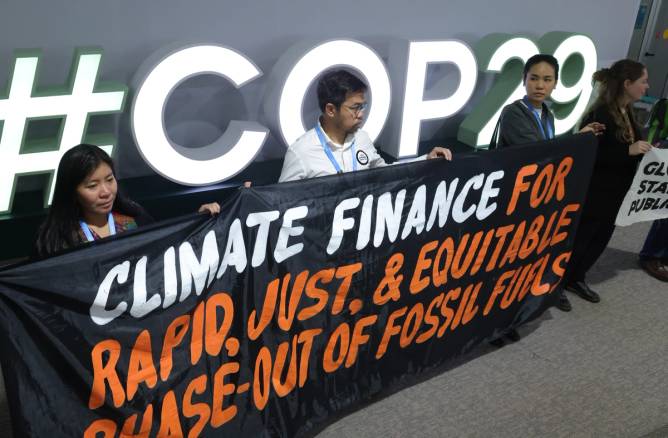 protesters in front of a cop29 sign