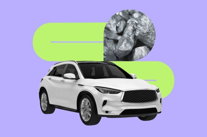 A collage featuring a white SUV and a pile of rare earth minerals