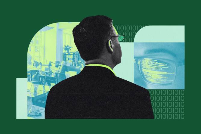 Back view of a business man collaged with an office space and close up of coding on glasses. Credit: Illustration: Anna Kim, Photos: Getty Images