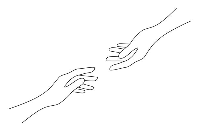 black and white drawing of outline of two hands, one seemingly reaching out to the other to help