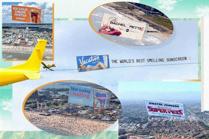 imagery of aerial ads from brands like Vacation and Dunkin'