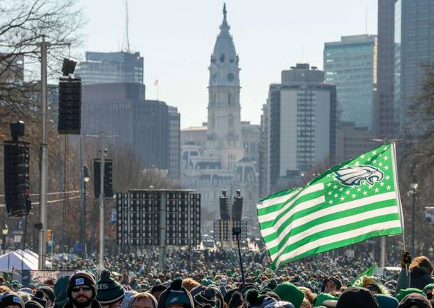 Eagles Super Bowl parade with Philadelphia skyline