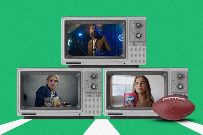 three televisions stacked with stills from teasers from Bud Light, Hellmann's, Nerds Candy, with a football resting against one of the TVs 