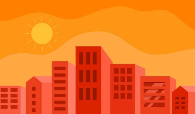 Illustration of city under sun with heat wave lines in the sky above