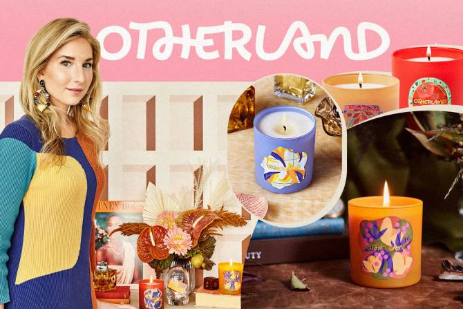 A collage of colorful Otherland candles with founder Abigail Cook Stone.
