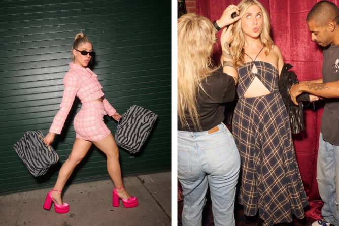 Sabrina Brier modeling clothes available on Nuuly, including a pink skirt suit and a plaid patterned dress, in two images from her Instagram account