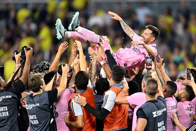 Messi is hoisted up by his Inter Miami teamates after their victory