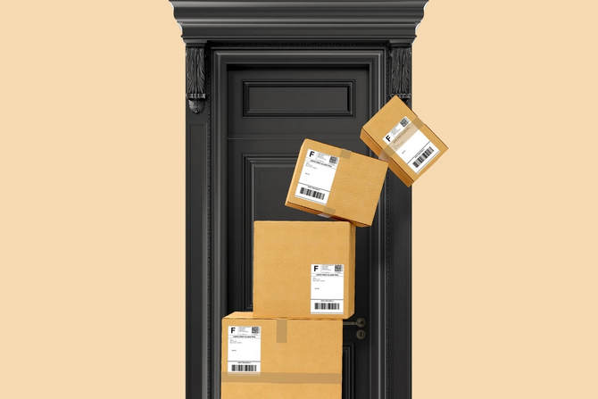 Tower of shipping boxes on a doorstep