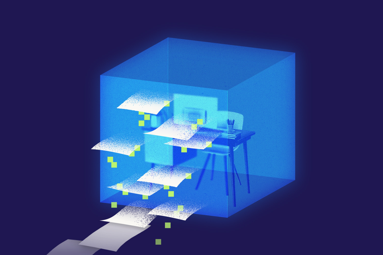 an illustration of numerous resumes disintegrating into pixels as they try to pass through an AI screen