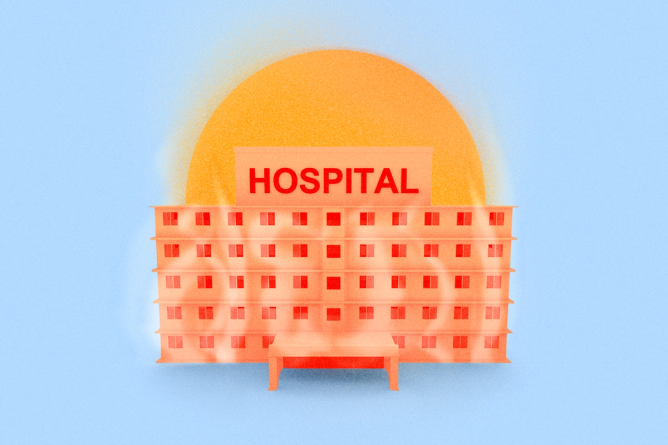 A Hospital surrounded by flames and the sun in the background radiating heat rays
