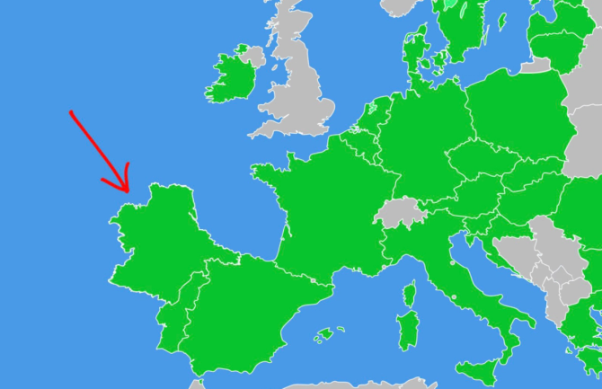 A map of Europe with an arrow pointing to a country