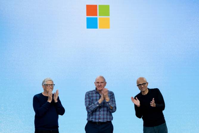 Microsoft’s three CEOs—Bill Gates (1975–2000), Steve Ballmer (2000–2014), and current chief Satya Nadella.
