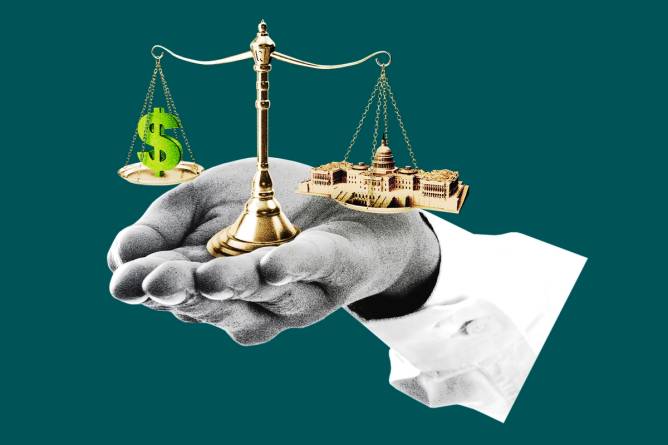 A scale balancing the capitol on one end and money on the other
