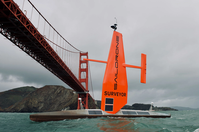 image of a red saildrone uncrewed vessel in San Francisco