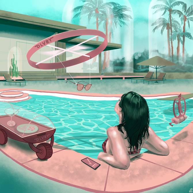 A woman lounging in a pool 