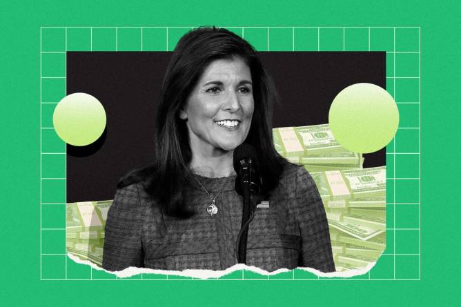 Former South Carolina Governor Nikki Haley smiles in front of money stacks